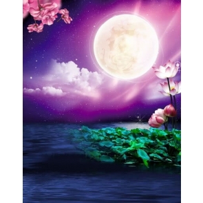 Lotus Leaf Flowers under Purple Moonlight Scenic Vinyl Backdrops