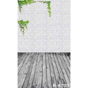 Wooden Floor Green Creeping Plant White Brick Plain Wall Backdrops