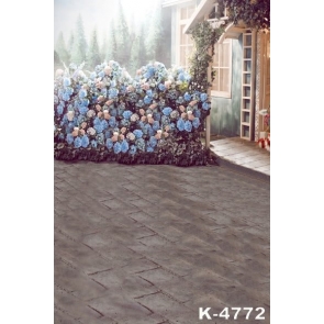 Blue Pink Flowers in Courtyard Studio Photography Backdrops