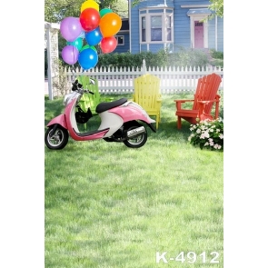 Colorful Balloons Tied to Motorcycle Chairs in Yard Photo Drop Background