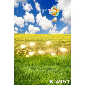 Colorful Balloons Flying above Yellow Flowers Green Grass Pro Photo Backdrops