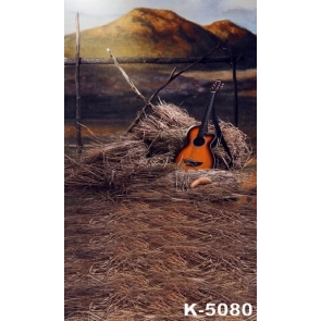 Straw in the Farm Guitar on Straw Pile Scenic Photo Backdrop