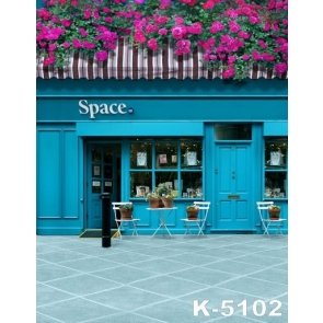 Blue Store with Flowers Building Vinyl Photography Backdrops