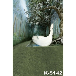 Scenic Green Grass White Boat Trees Flowers Backdrops for Pictures