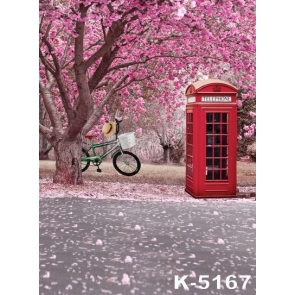 Telephone Booth by Road Flowers Garden Photo Backdrops