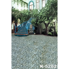 Green Trees House Blue Stairs Brick Floor Backdrop Background for Photography