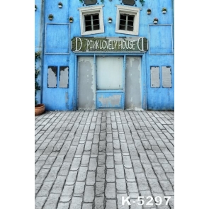 Retro Blue House Brick Road Building Vinyl Photography Backdrops