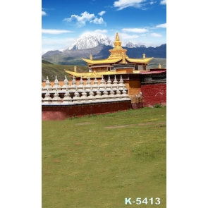 Gold Tone Roof Temple on Green Grassland Scenic Photo Backdrop