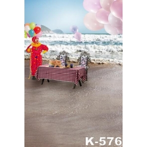 Colorful Balloons Clown Standing by Dining Table Seaside Beach Background