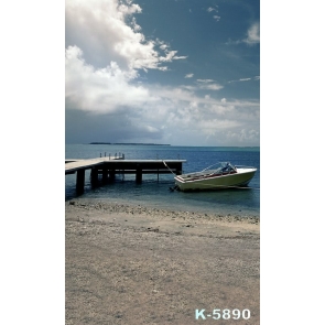 Cloudy Day Summer Holiday Boat by Seaside Beach Photo Backdrop