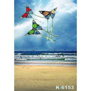Butterfly Shaped Kites Seagulls by Seaside Beach Photo Drop Background