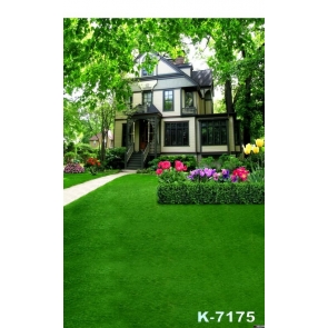 Multicolor Flowers Green Grassland Outside the House Scenic Drop Studios Backdrops