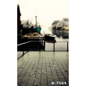 Fishing Village Harbour Boats by Riverside Scenic Picture Backdrop  