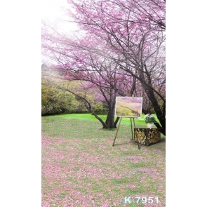 Flower Petals Falling on the Green Grassland Painting Scenic Photography Photo Backdrops