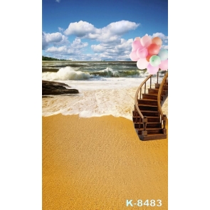 Colorful Balloons Wood Stairs by Seaside Beach Photo Backdrops