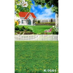 Red Roof White House on the Green Grassland Yellow Flowers Scenic Photo Backdrops
