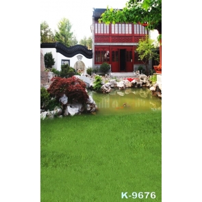 Chinese Style Courtyard Green Grassland Pond Scenic Photo Prop Background