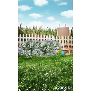 Rustic Flowers Green Grassland Fence Scenic Backdrop Background for Photography