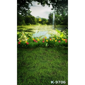 Spring Green Grassland Flowers Pond Scenic Affordable Photo Backdrops