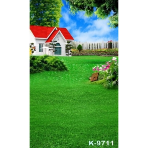 Spring Red Roof White House Green Grassland Scenic Photography Background Props