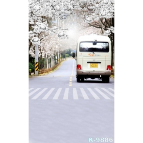 Plum Blossom on Both Sides of the Road Bus Scenic Backdrops Vinyl Photography Backdrops