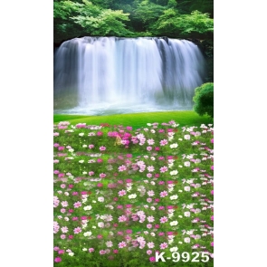 Flowers Nursery in Front of Waterfall Green Spring Photo Backdrop