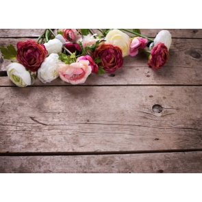 Horizontal Texture Wood Photography Background Props with Colorful Flowers