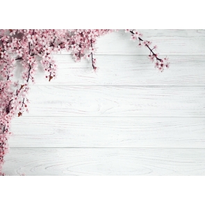 White Horizontal Texture Wood Photo Background Drops with Plum Blossom Flowers