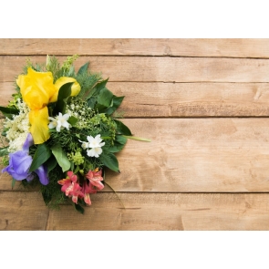 Horizontal Texture Wood Picture Backdrop with Green Leaves Colorful Flowers Bouquet
