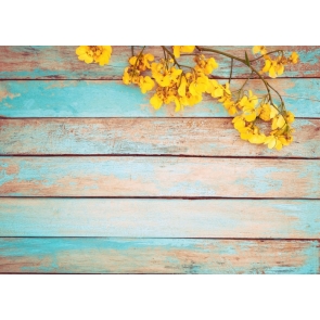 Blue Oil Paint on Wood Floor Unique Photography Backdrops with Yellow Flowers