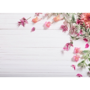 White Wood Backdrop Background for Photography with Colorful Leaves Flowers