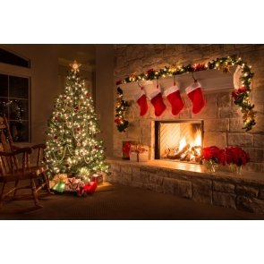 Christmas Tree by Fireplace Red Socks Christmas Party Camera Backdrops