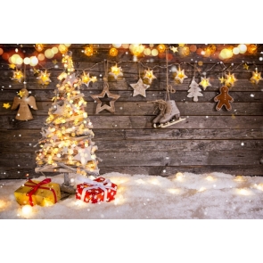 White Snow Christmas Tree Lights Wood Background Photography Backdrops