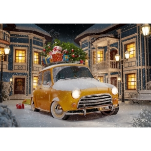 Outdoor Snowy Yellow Car Filled With Christmas Presents Christmas Backdrops