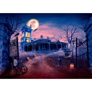 Under The Red Moon Scary Cemetery Ruined Building Halloween Backdrop Decoration Prop Stage Studio Photography Background