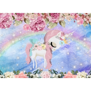Flower Frame Around Rainbow Unicorn Birthday Party Backdrop Baby Shower Background