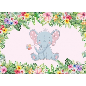 Flower Frame Around Cute Little Elephant Safari Baby Shower Backdrop Birthday Party Background