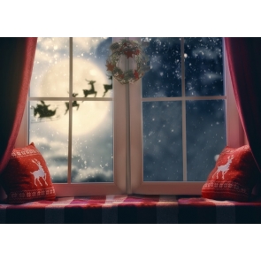Window Reindeer Flying Over The Night Sky Christmas Backdrop Photography Background