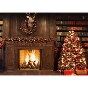 Retro Wood Fireplace Christmas Tree Backdrop Party Stage Photography Background