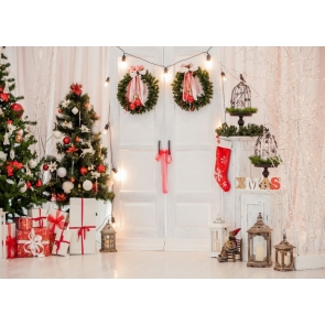 Interior Room White Wood Door Christmas Tree Backdrop Party Stage Photography Background