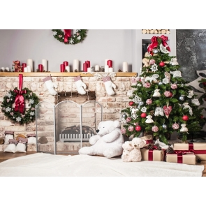 Christmas Tree Fireplace Wall Background Christmas Party Backdrops