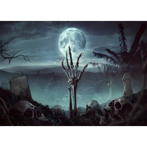 Night Scary Eerie Graveyard Skeleton Broken Hand Skull Evil Full Moon Halloween Backdrop