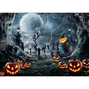 Spooky Halloween Graveyard Scary Pumpkin Halloween Backdrop 