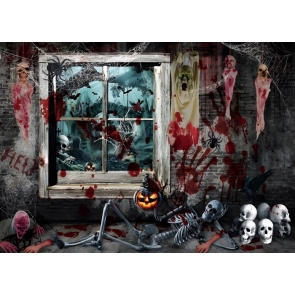 Dripping Blood Ghost Window Spooky Skull Halloween Backdrop