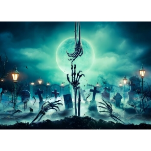 Spooky Night Scary Eerie Graveyard Skeleton Broken Hand Skull Evil Full Moon Halloween Backdrop
