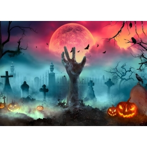 Spooky Skeleton Broken Hand Skull Evil Full Moon Scary Eerie Graveyard Halloween Backdrop