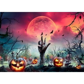 Spooky Skeleton Broken Hand Skull Evil Full Red Moon Scary Eerie Graveyard Halloween Backdrop Party Decorations Background