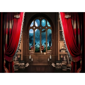 Red Curtain Window Horror Magic Fantasy Spooky Halloween Backdrop