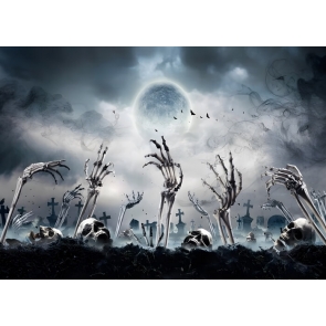 Night Spooky Scary Eerie Graveyard Skeleton Broken Hand Skull Halloween Backdrop