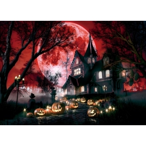 Scary Hunted Castle Red Full Moon Spooky Halloween Backdrop